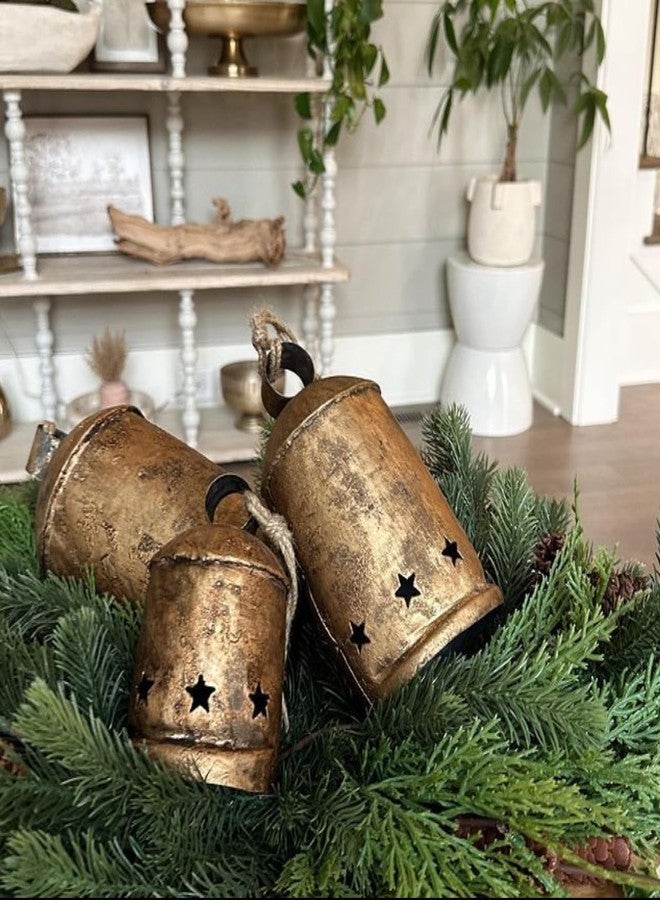 THOR INSTRUMENTS أجراس أبقار ريفية عتيقة الطراز، زينة عيد الميلاد، أجراس أسطوانية مصنوعة يدويًا للزينة، نجمة في الأسفل، مجموعة من 3 أجراس احتفالية للحديقة - Image 5